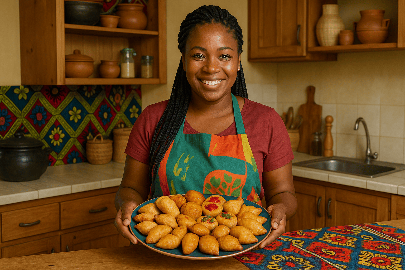 Mulher sorrindo na cozinha, pronta para começar seu negócio